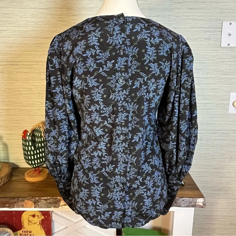 Veronica Beard Clarke Top Silk Floral Button Back Puff Sleeve Black/Blue Size 0 - Picture 7 of 9